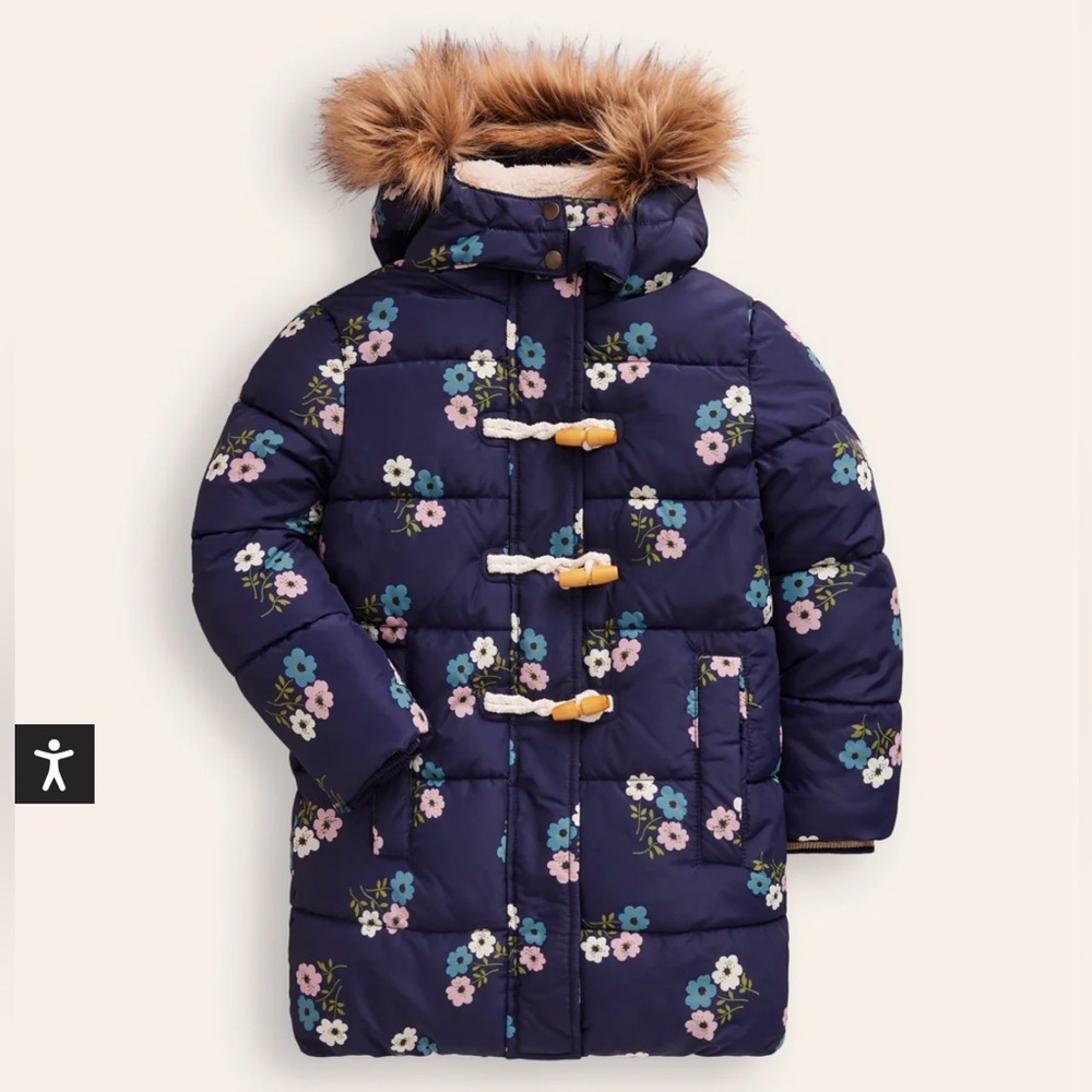 Mini Biden Longline Padded coat in college navy posy NWT SIZE 13-14